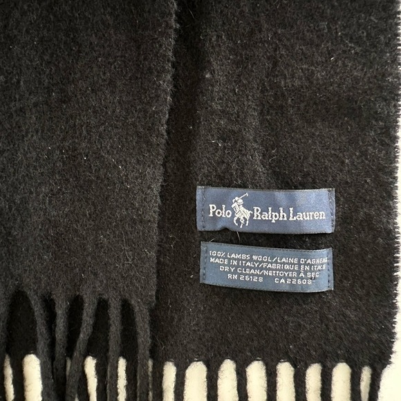 Polo Ralph Lauren Scarf Unisex Black Lambswool Purple Pony Fringe Italy Luxury - Picture 4 of 9